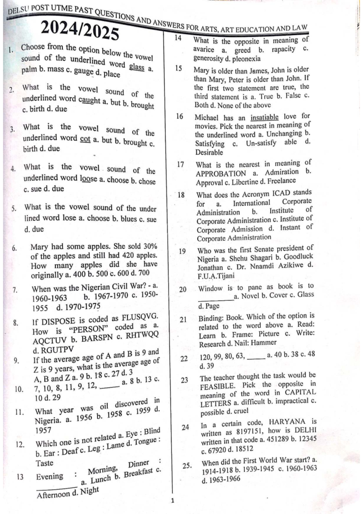 DELSU POST UTME PAST QUESTIONS AND ANSWERS FOR ARTS, ART EDUCATION AND ...