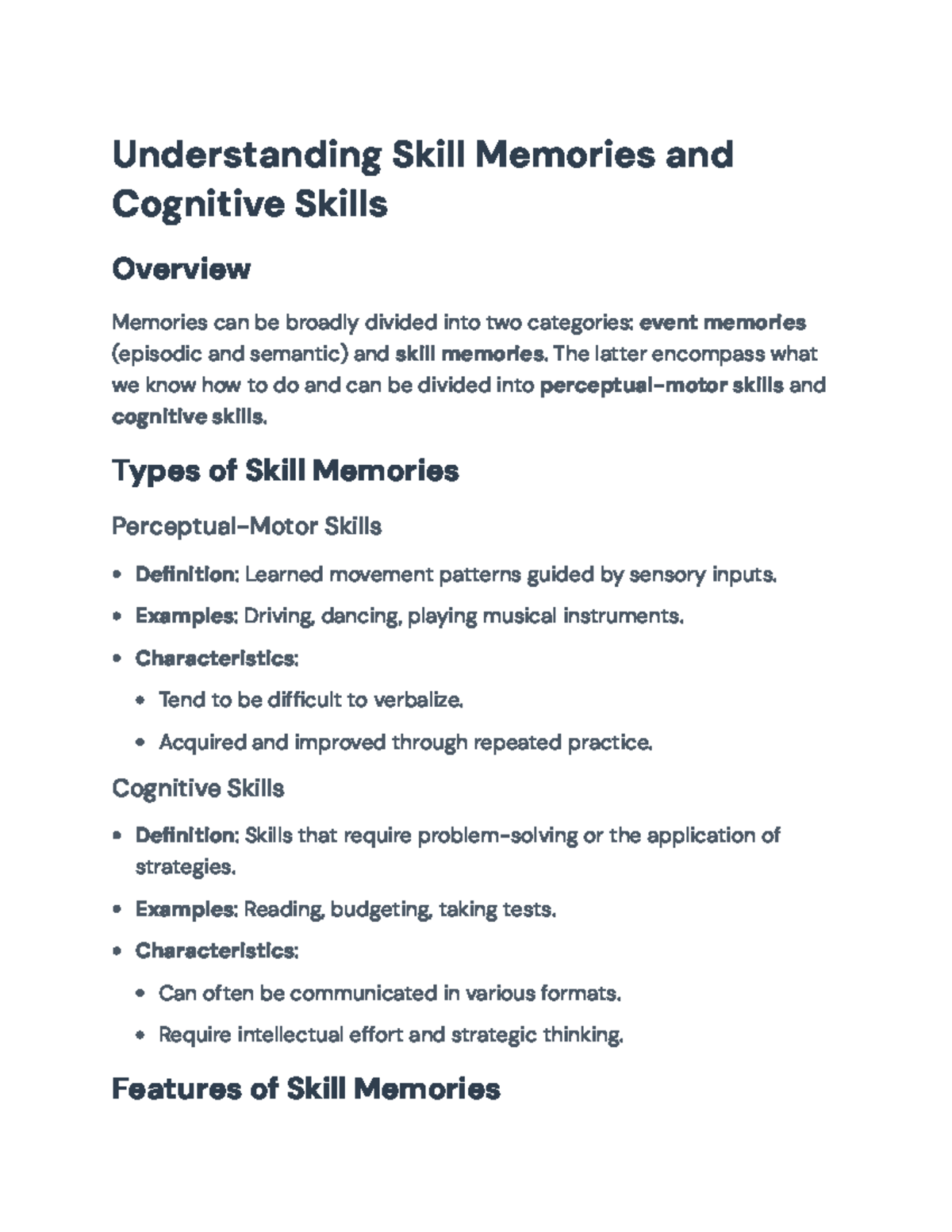 Understanding Skill Memories and Cognitive Skills: Insights ...