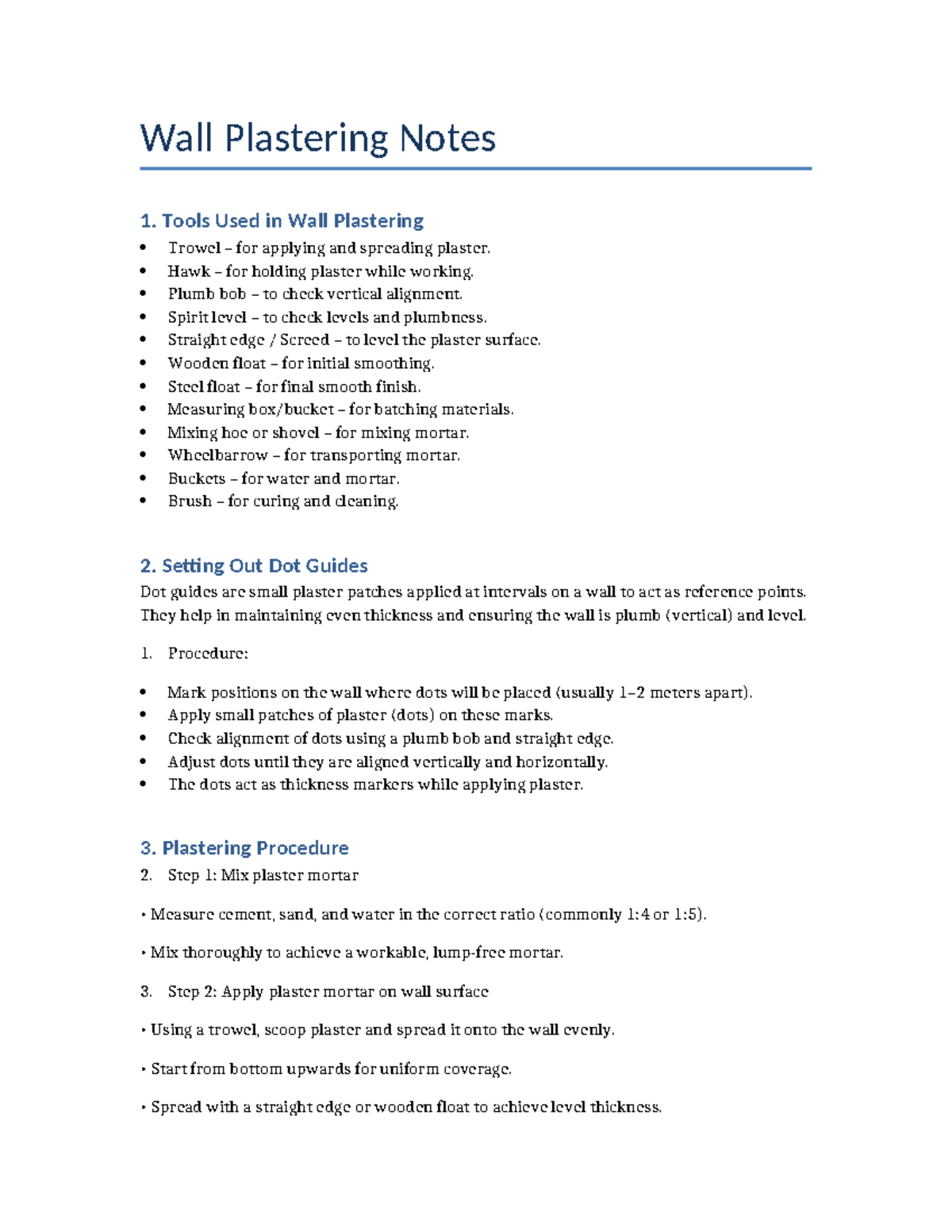 Wall Plastering Notes: Tools and Procedures Guide - Studocu