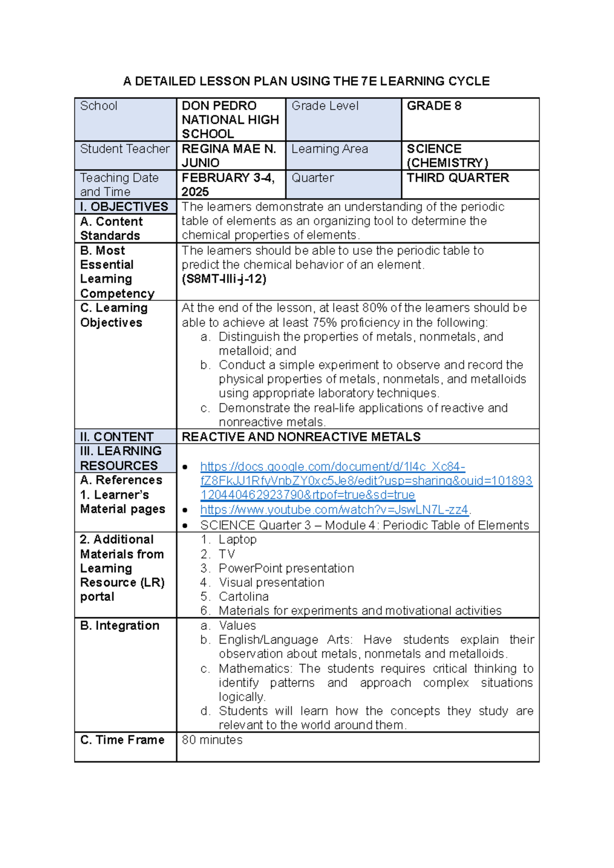 Grade 8 Science Lesson Plan: Metals, Nonmetals & Metalloids (3rd Qtr ...