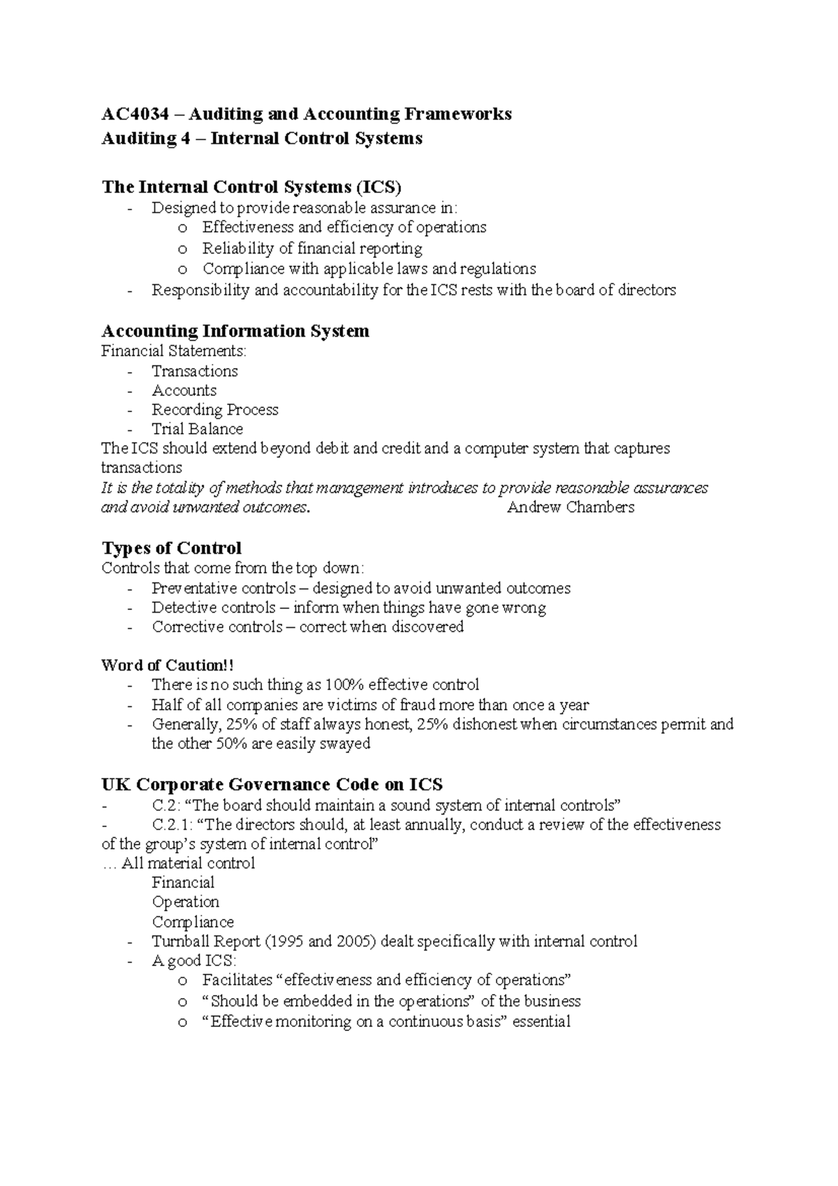 Week 6 - Internal Control Systems - AC4034 – Auditing and Accounting ...