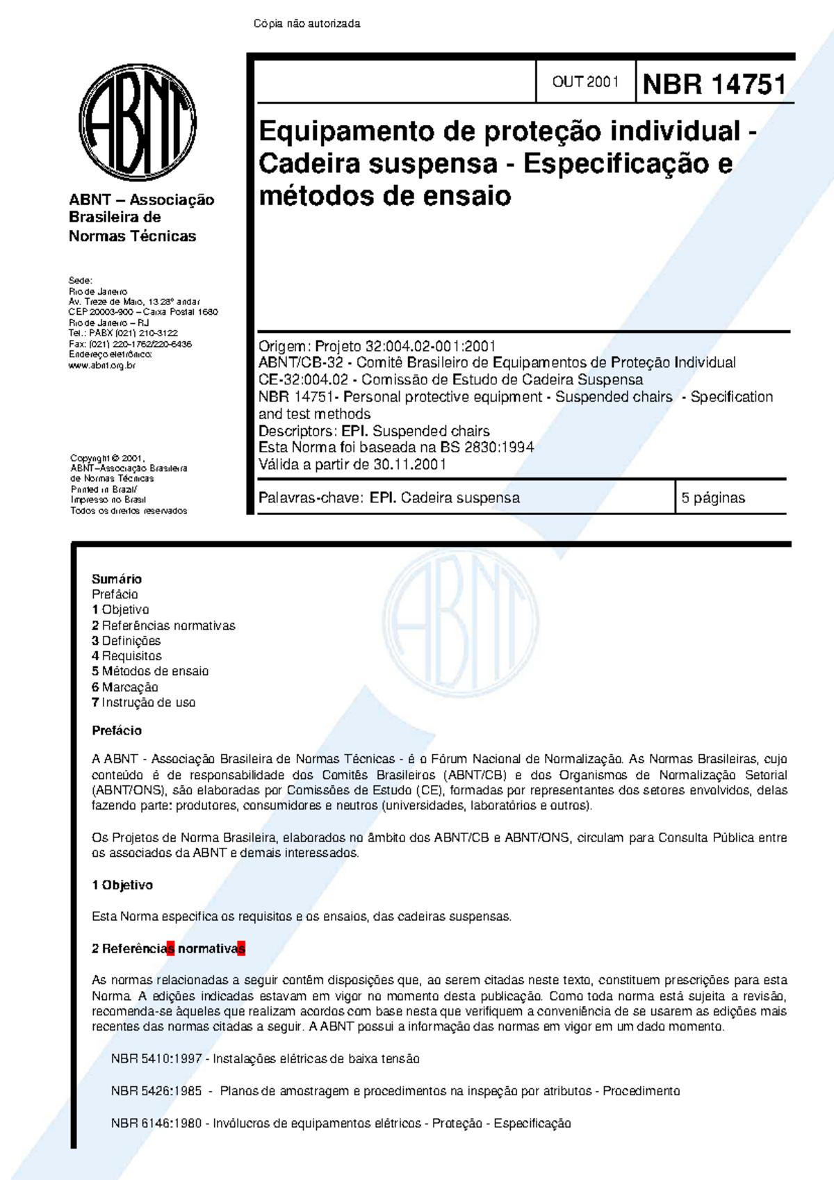 ABNT NBR 14751: Especificação e Ensaios de Cadeiras Suspensas - Studocu