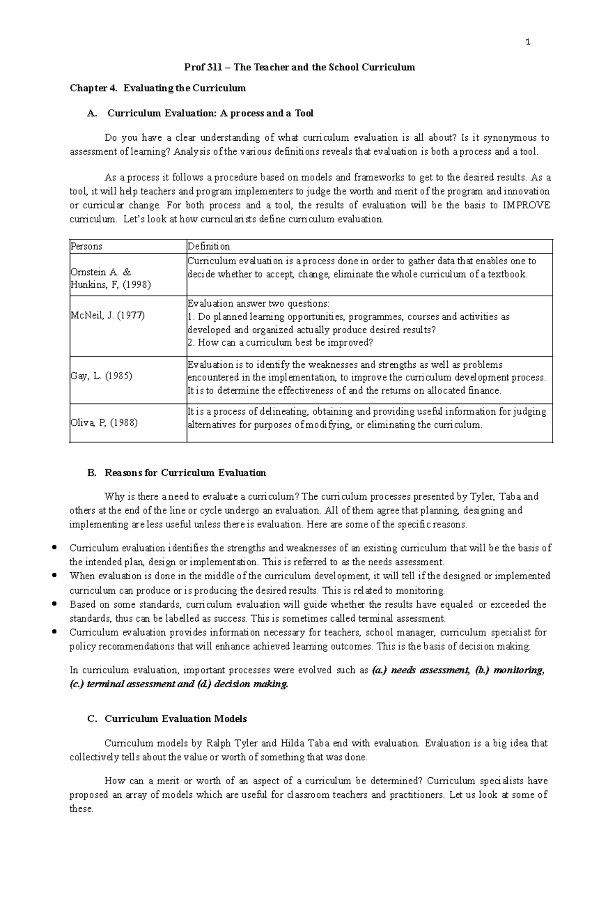 Prof 311: Curriculum Evaluation and Teacher's Role in Assessment - Studocu