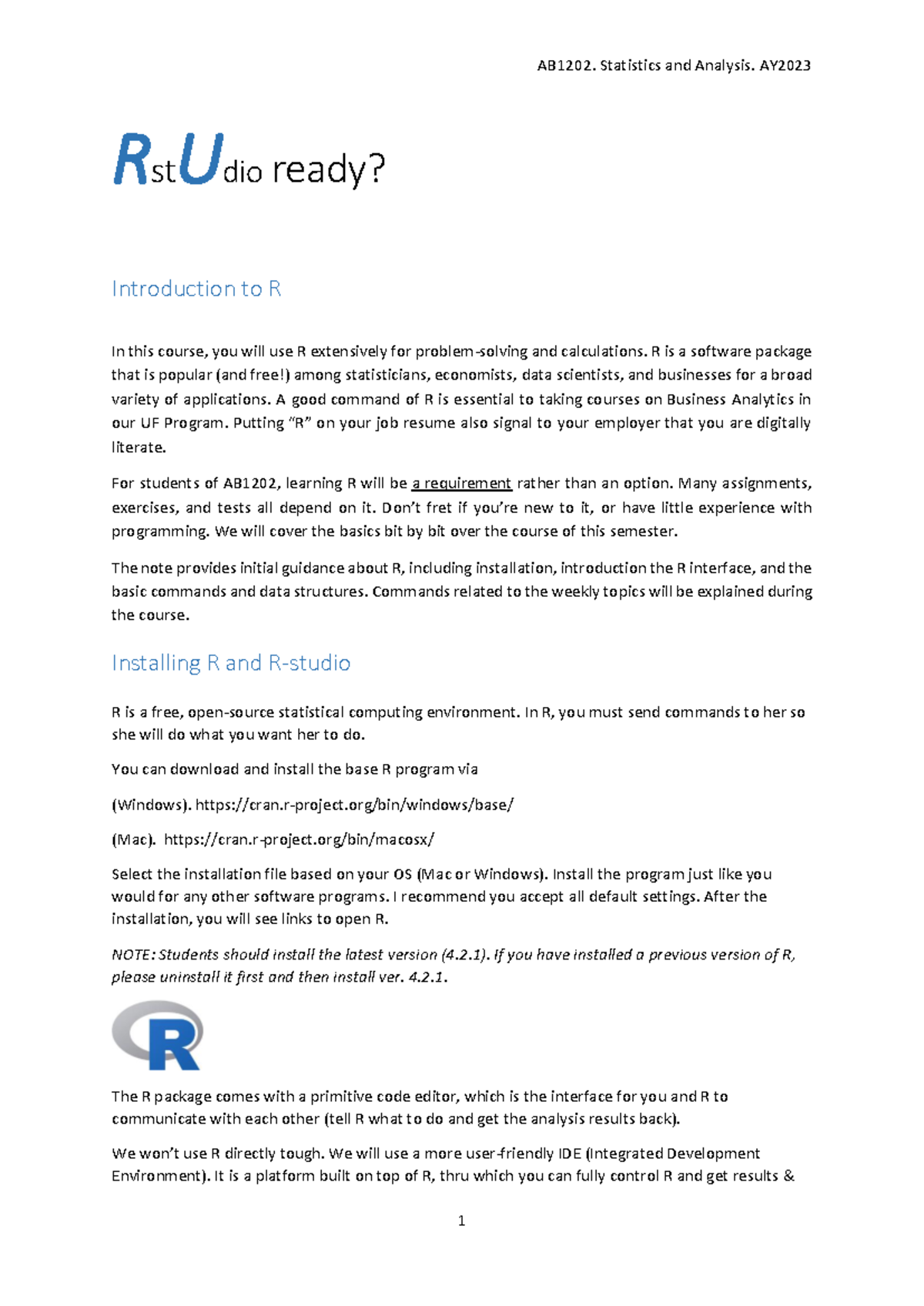 R AB1202 Starting Notes - RstUdio ready? Introduction to R In this ...