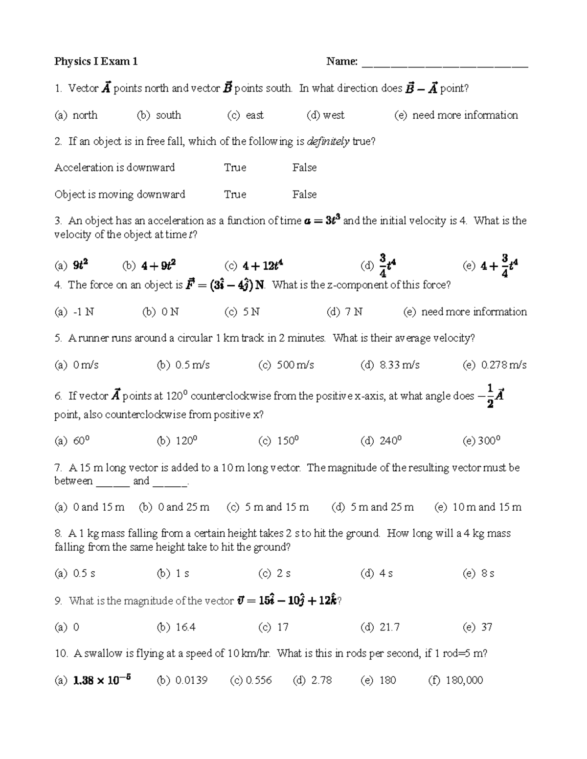 Physics I Practice Exam 1: Vector Analysis and Motion Concepts - Studocu