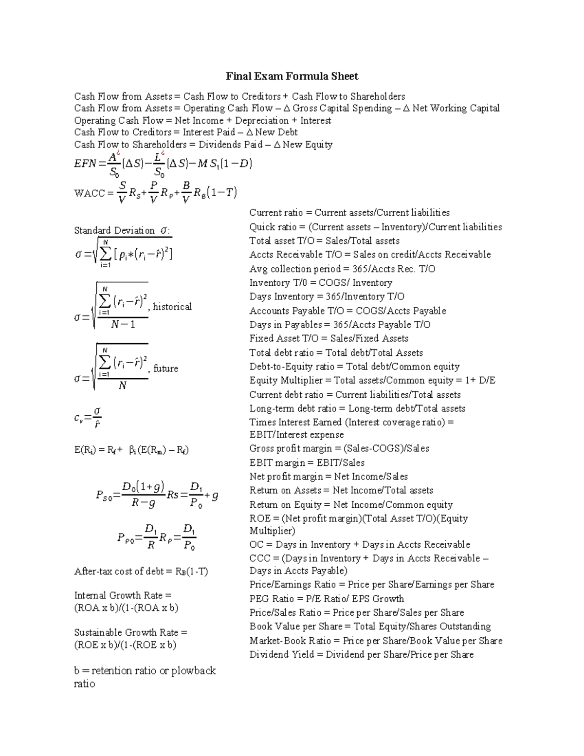 FIN 301 Final Exam Formula Sheet: Cash Flow Analysis & Ratios - Studocu