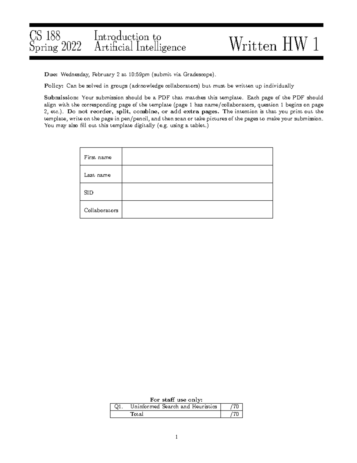 CS 188 Spring 2022 Written Homework 1: AI Fundamentals & Search ...