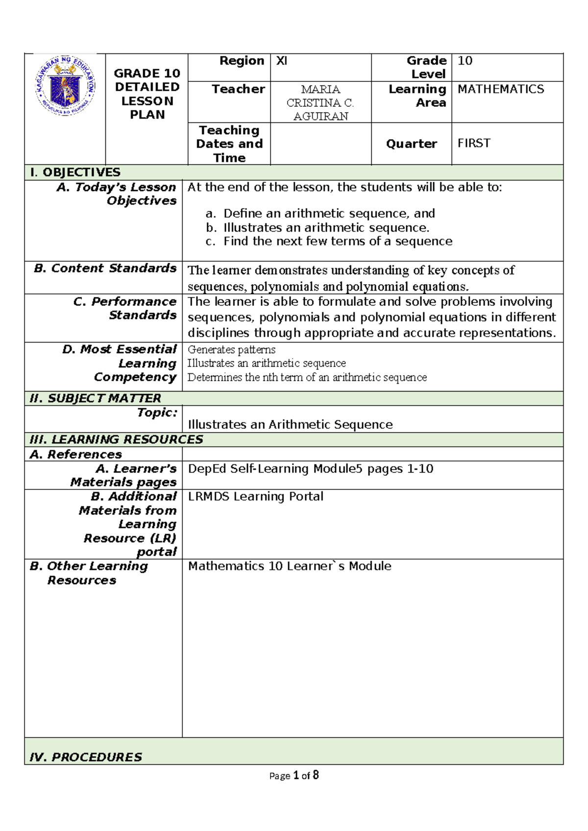 DLL Detailed Lesson Plan for Mathematics 10: Arithmetic Sequences - Studocu