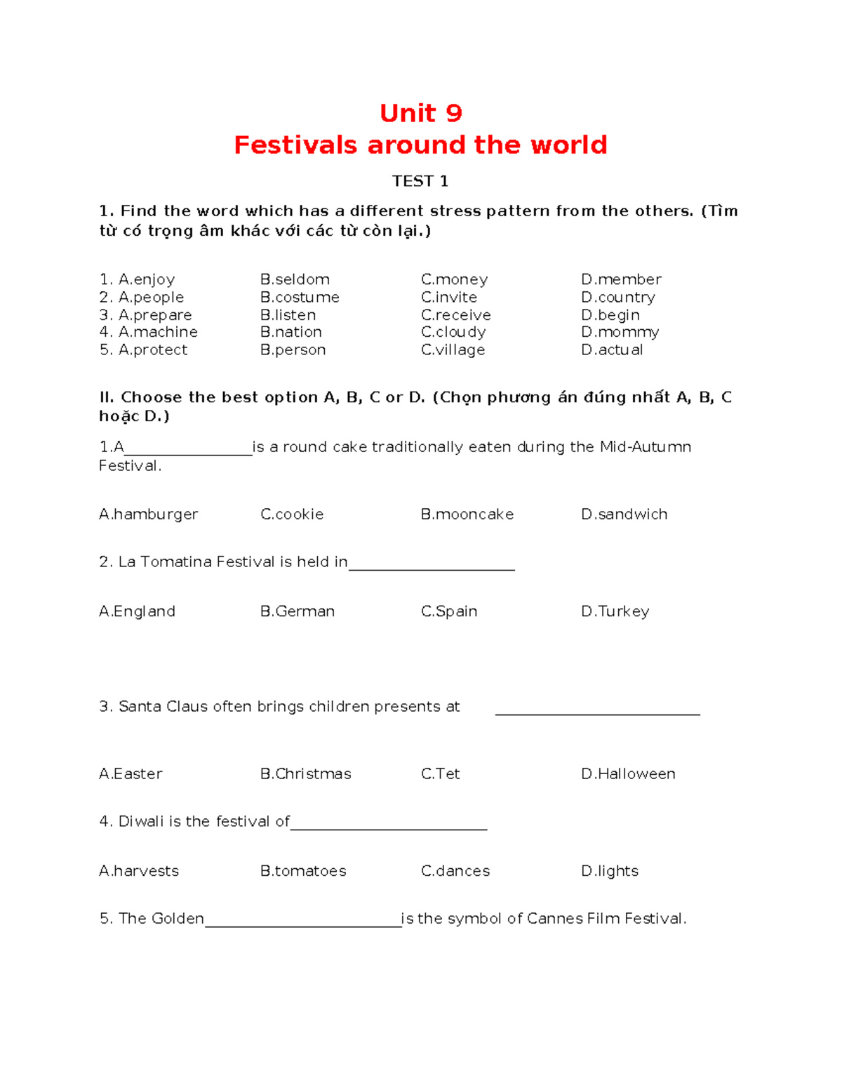 Đề kiểm tra Tiếng Anh 7 Global Success - Unit 9: Festivals Around the ...