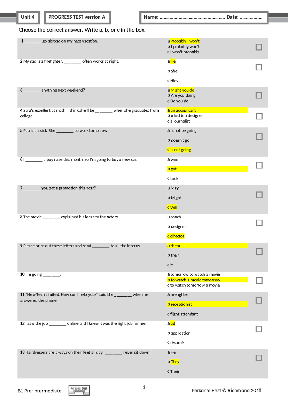 PB Am E B1 Unit Test U4 Progress Test Version A - Studocu