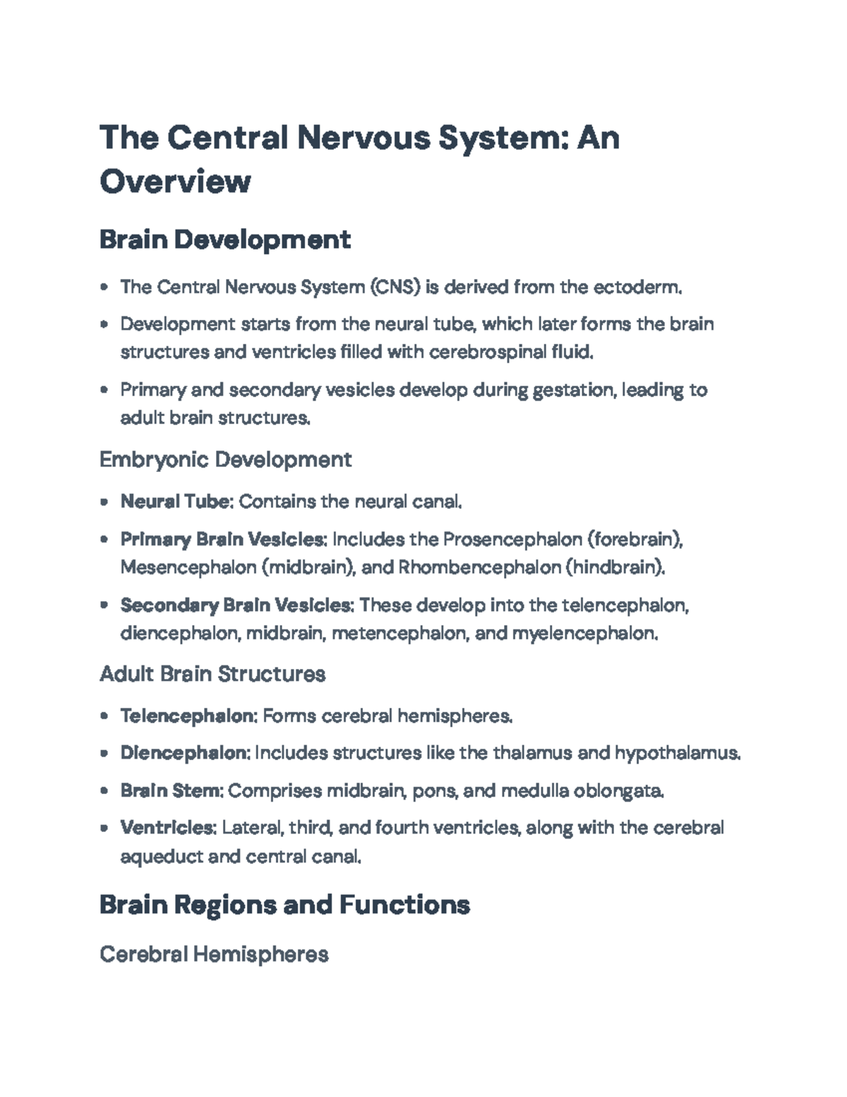 Central Nervous System Overview and Brain Development (BIO 101) - The ...