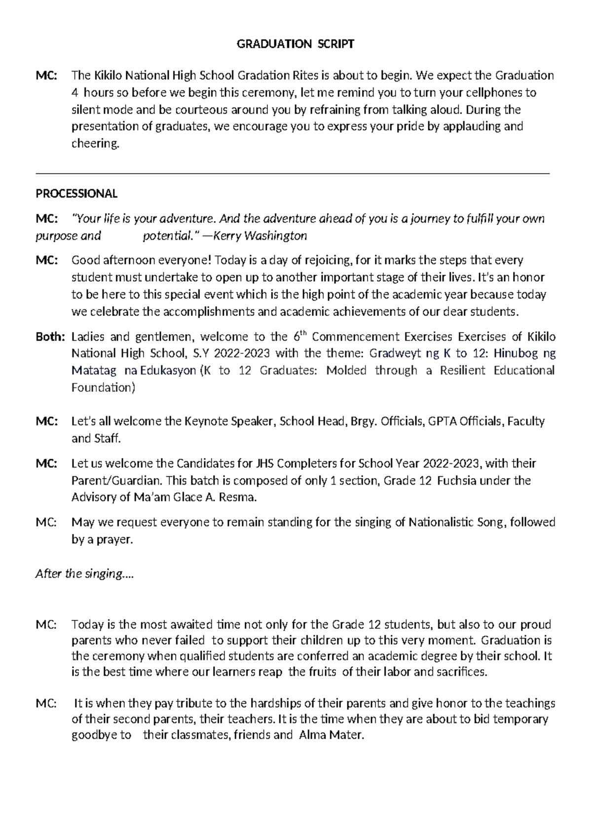 Kikilo NHS Graduation Emcee Script for SY 2023-2024 Celebrations - Studocu