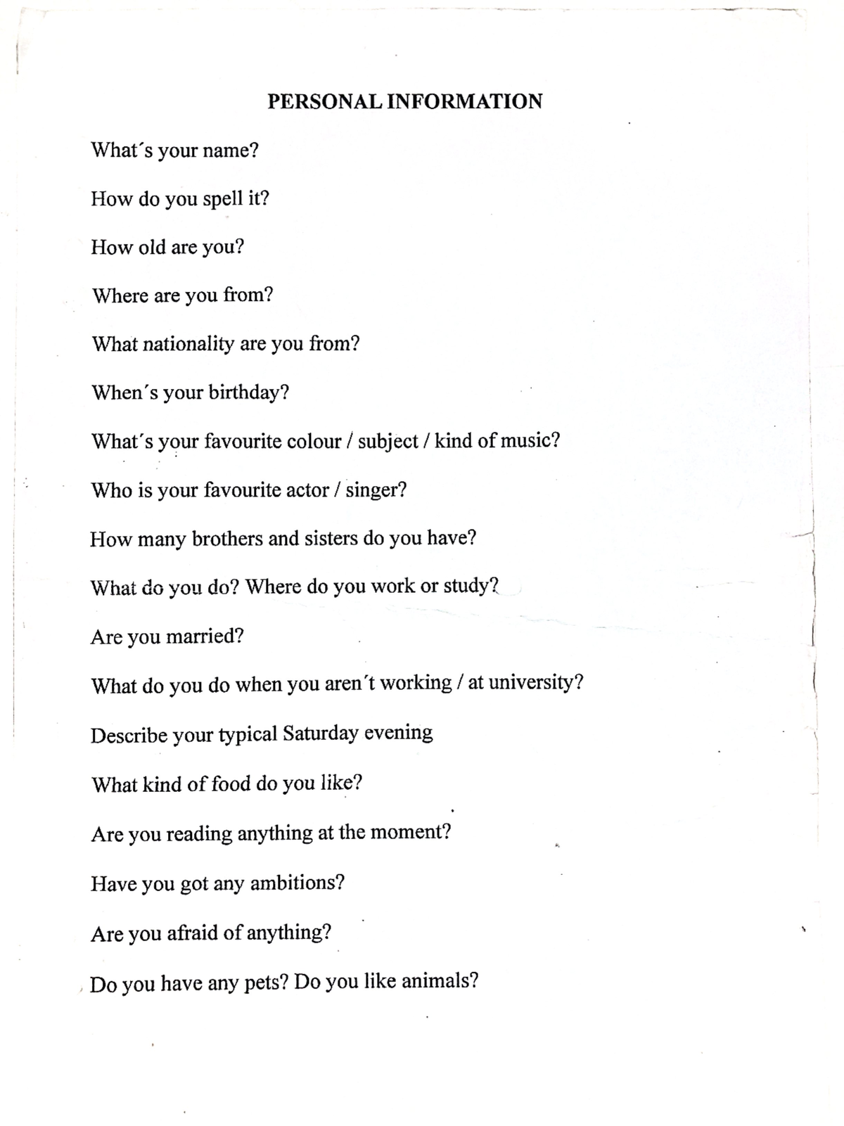 Personal Information Questionnaire for English Class - Studocu