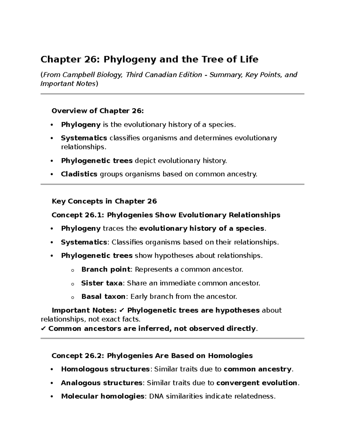 Chapter 26 Bio 1020 - Phylogeny and Tree of Life Notes - Studocu