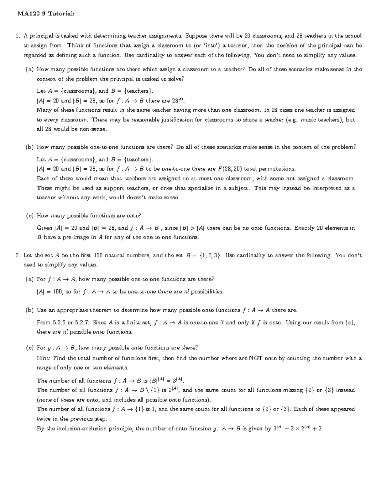 MA120 Lab 9 Tutorial: Functions, Permutations & Combinations - Studocu