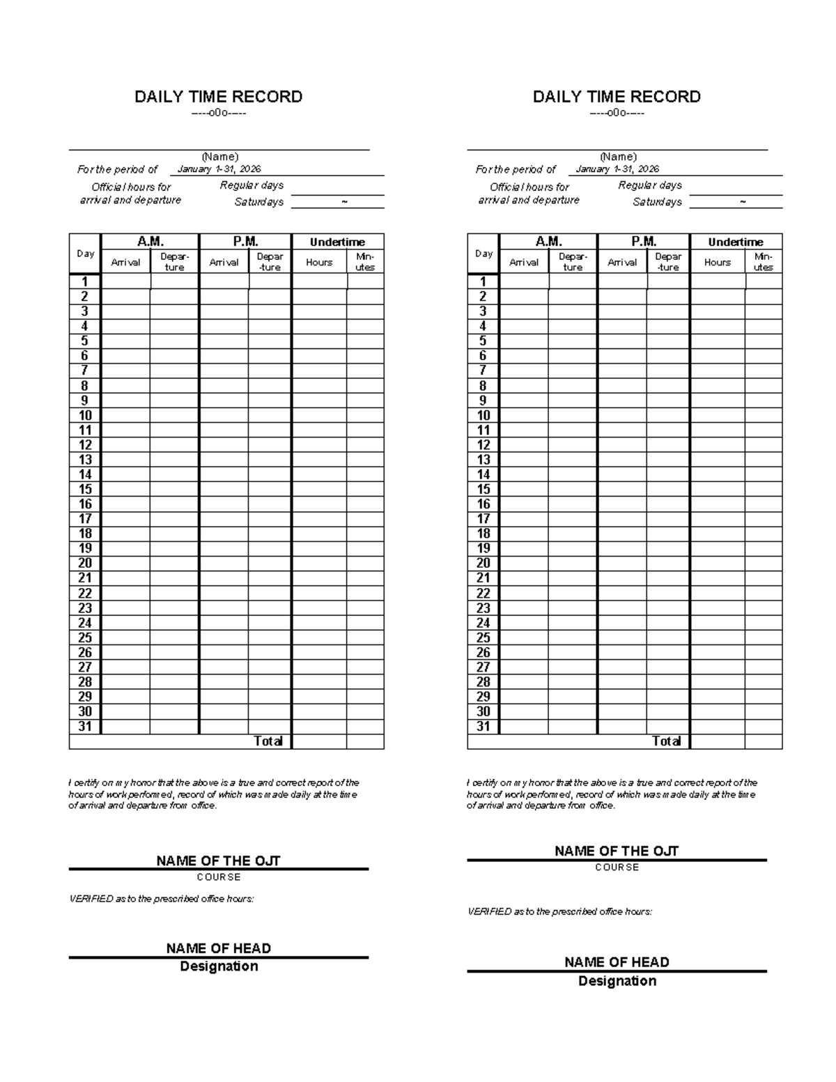 DAILY TIME RECORD (DTR) for OJT - January 2026 - Studocu