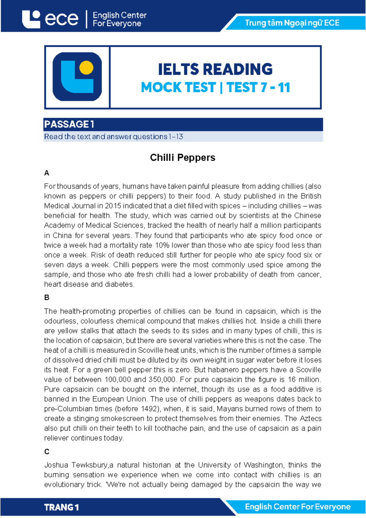 IELTS READING MOCK TEST 7: PASSAGE 1 - Chilli Peppers Insights - Studocu