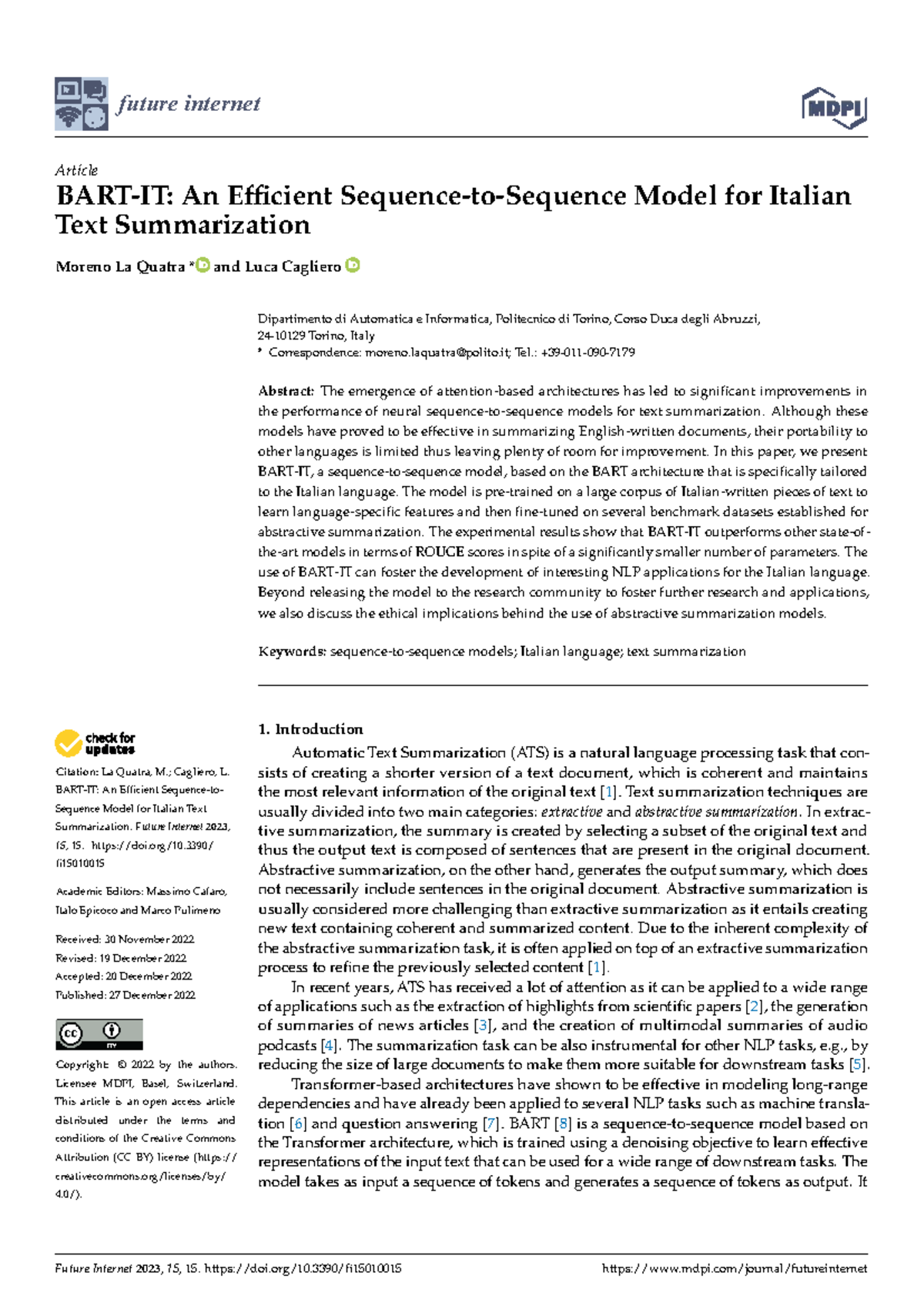 Efficient Italian Text Summarization Model Based on BART Architecture ...