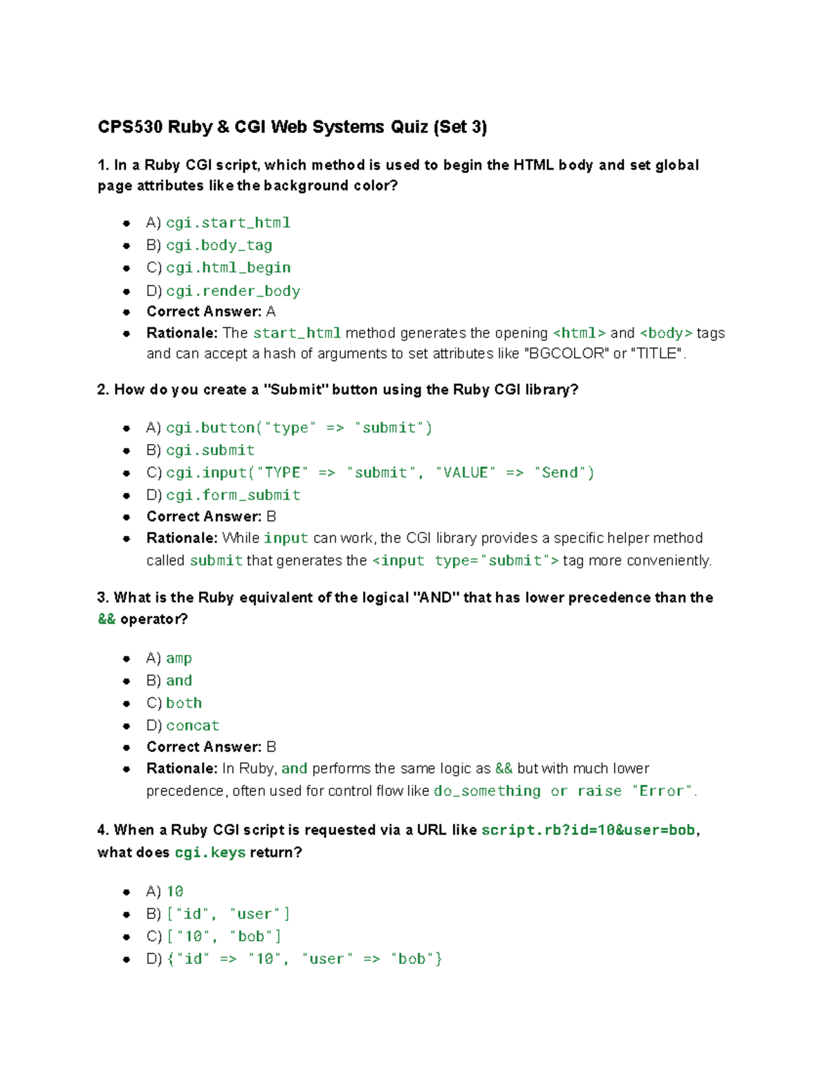 CPS530 Quiz: Ruby CGI Web Systems MCQs (Set 3) - Studocu