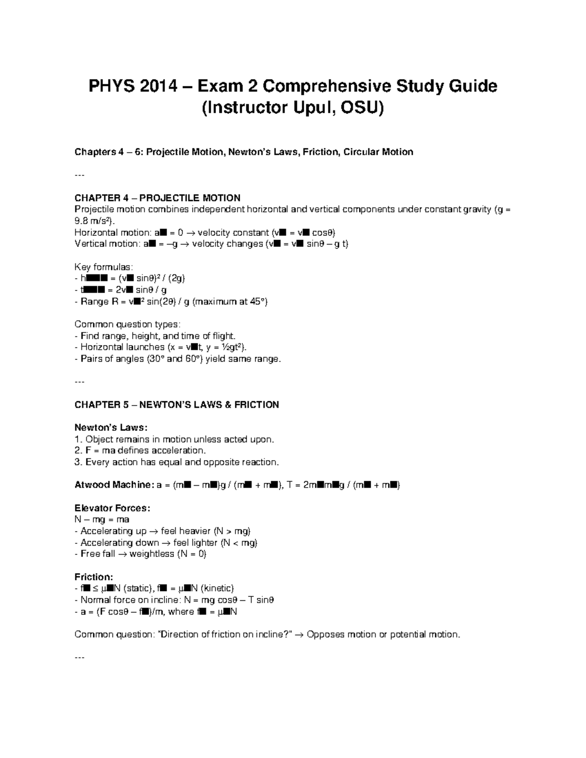 PHYS 2014 – Exam 2 Comprehensive Study Guide: Projectile & Circular ...