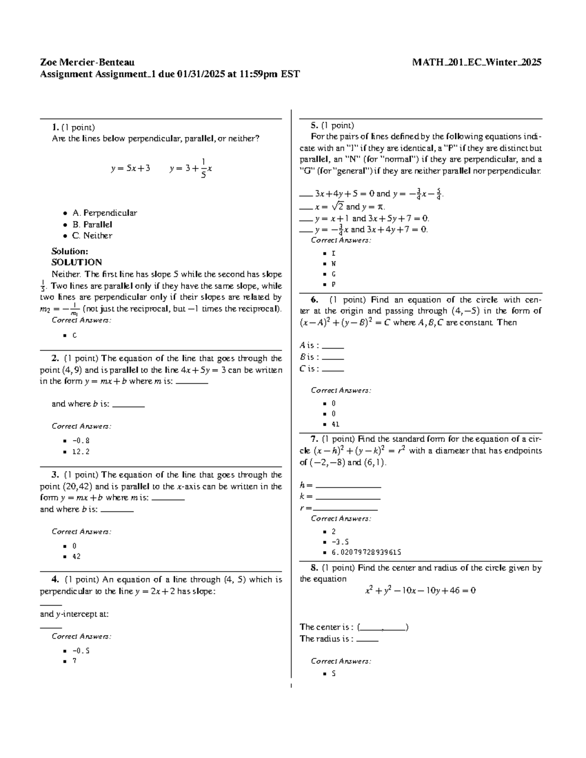 MATH 201 EC Winter 2025: Assignment 1 Solutions on Lines & Circles ...