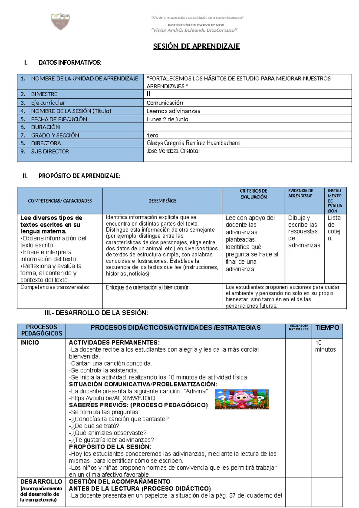 SESION DE APRENDIZAJE II - COMUNICACIÓN: LEEMOS ADIVINANZAS - Studocu