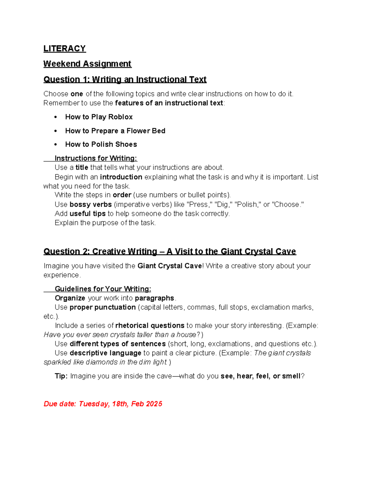 Literacy Weekend HW: Instructional & Creative Writing Tasks - Studocu
