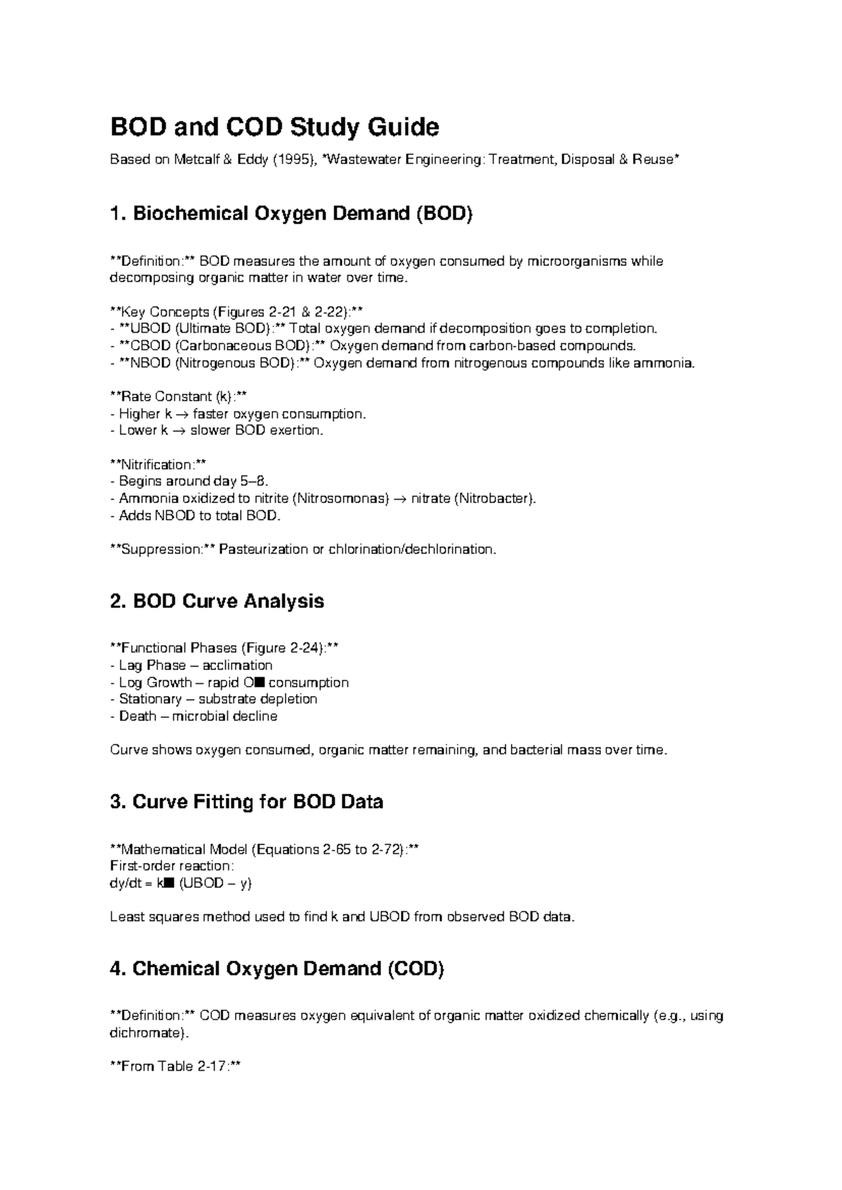 BOD and COD Study Guide (ENG 101): Key Concepts and Analysis - Studocu