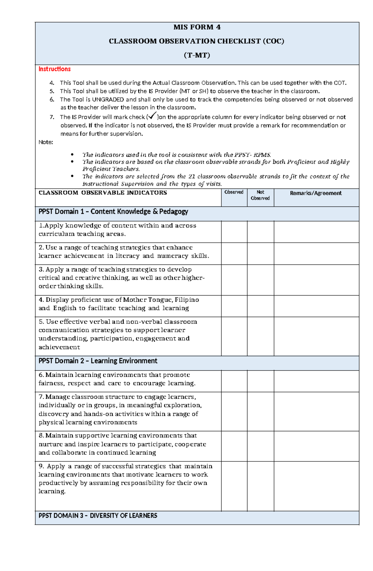 MIS 4 - Classroom Observation Checklist (COC) for IS Providers - Studocu