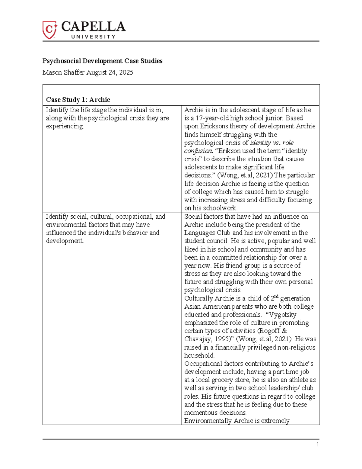 Psychosocial Development Case Studies: COUN5002 Analysis of Archie and ...