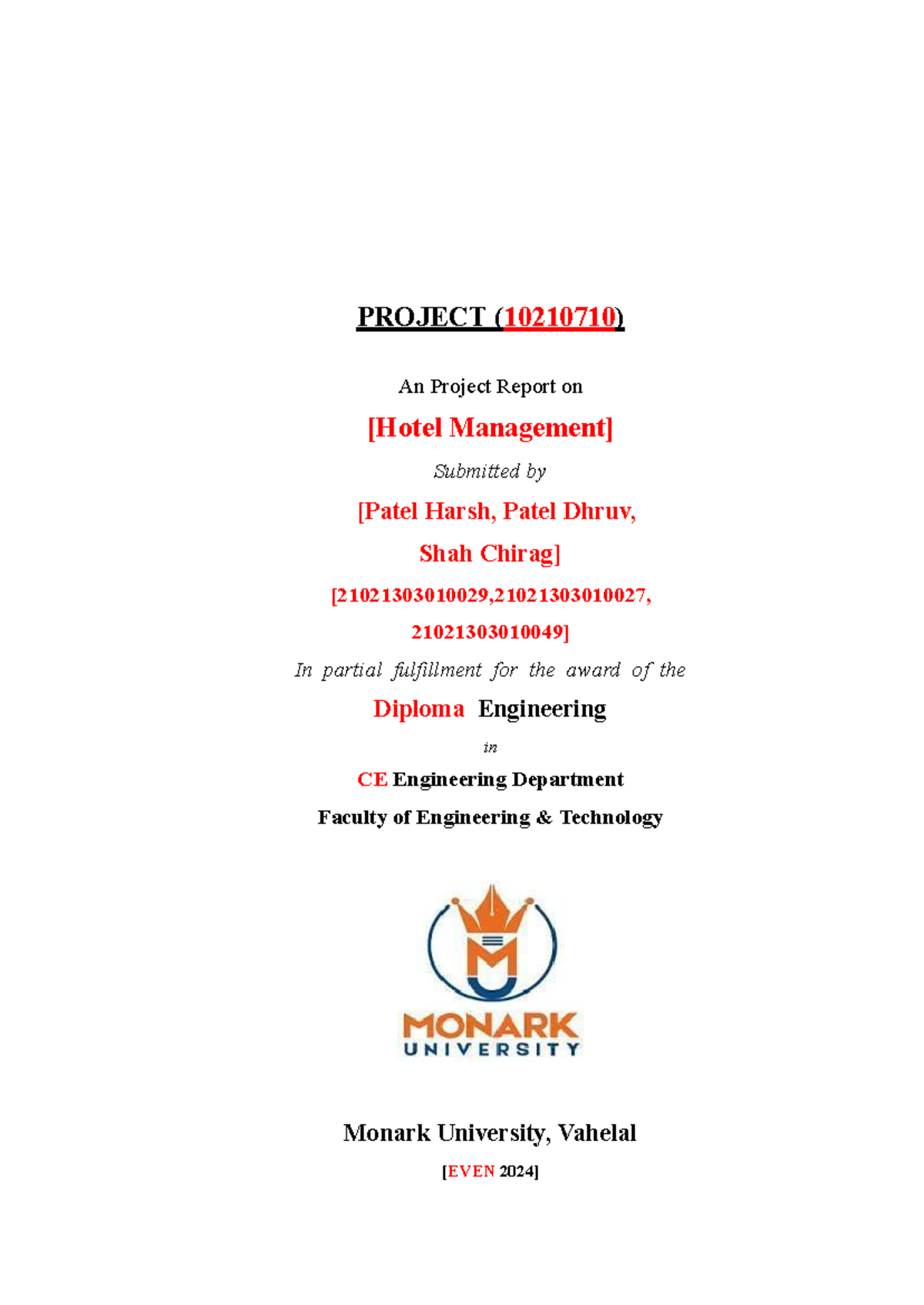 Hotel Management System Project Report (10210710) for Diploma ...