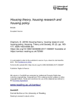 HOUS301 - UKZN - Housing theory and policy - Studocu