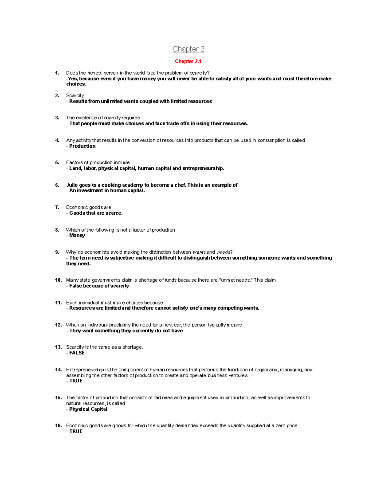 Economics Lecture Notes: Chapter 2 - Scarcity and Opportunity Cost ...