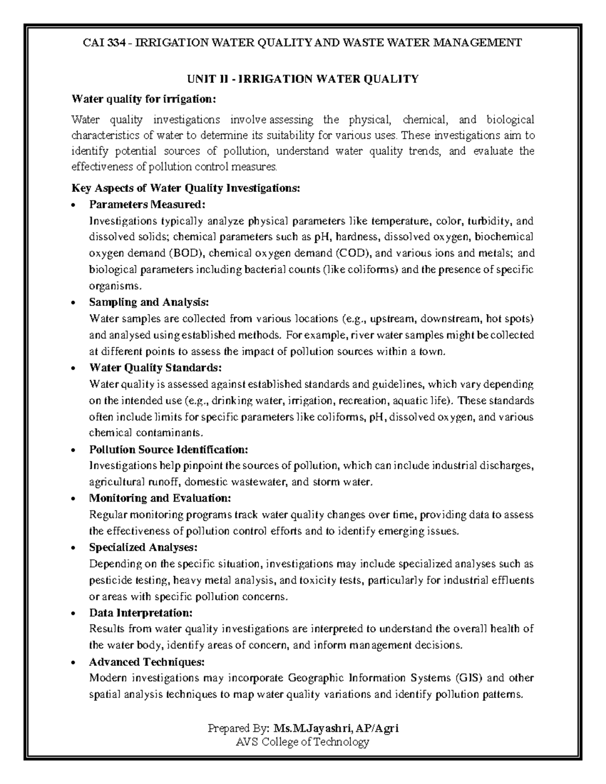 CAI 334 IWO Unit II: Water Quality Investigations & Salinity Management ...