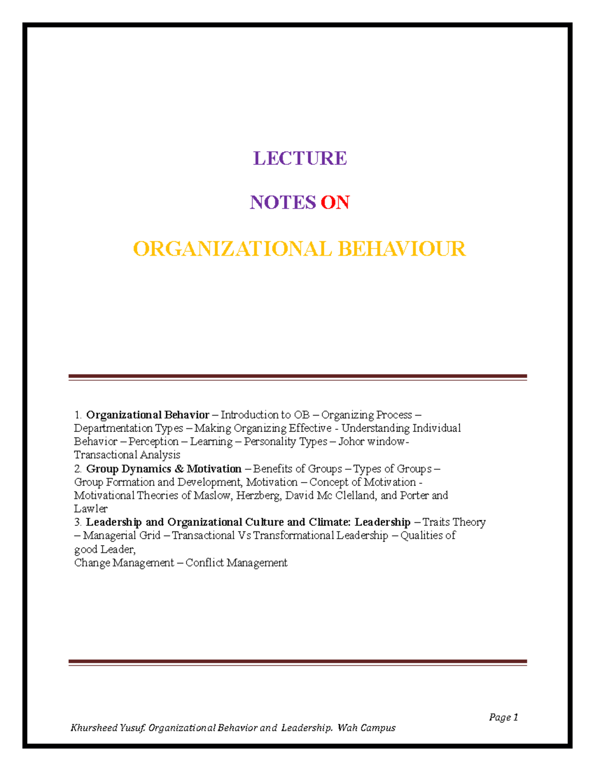 OB Notes - LECTURE NOTES ON ORGANIZATIONAL BEHAVIOUR Organizational ...