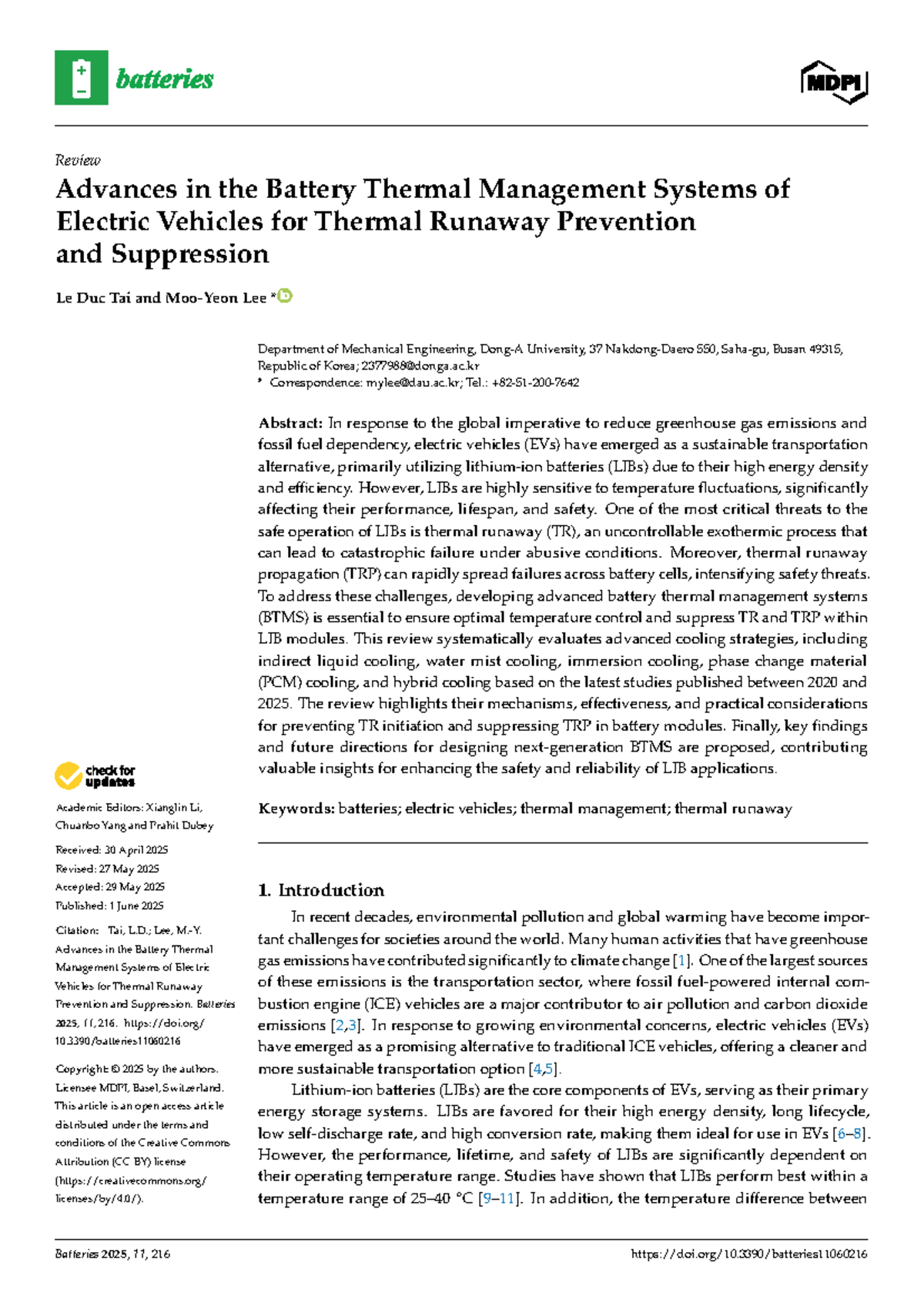 Advances in Battery Thermal Management Systems for EVs: TR Prevention ...