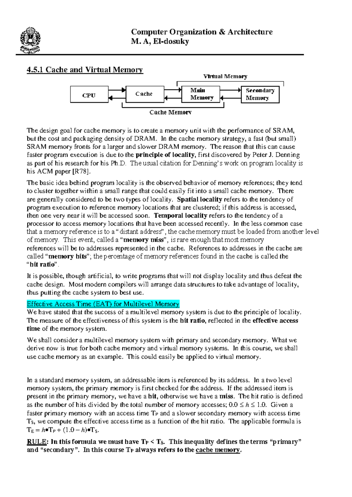 Final Exam Notes: Computer Organization - 4f Cache & Virtual Memory ...