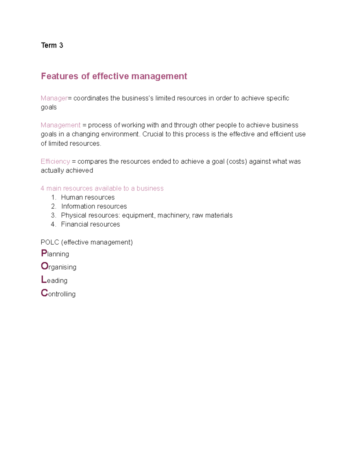 Business Notes T2 & T3: Effective Management Strategies and Resources ...