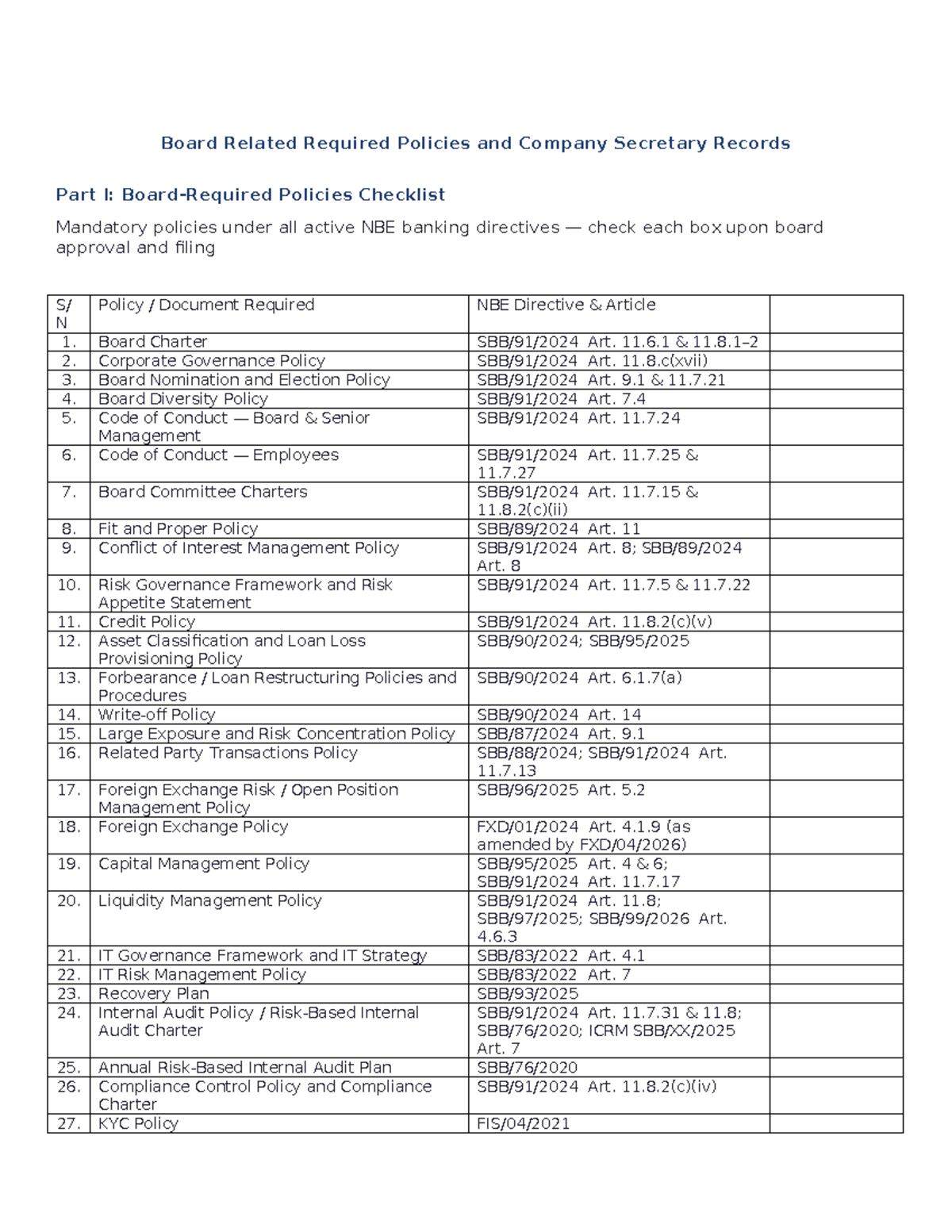 NBE Compliance Checklist: Mandatory Policies & Records Overview - Studocu