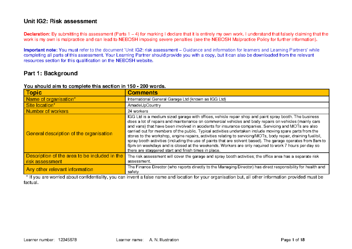 1ig2-sample-v5 - IG2 - Unit IG2: Risk assessment Declaration: By ...