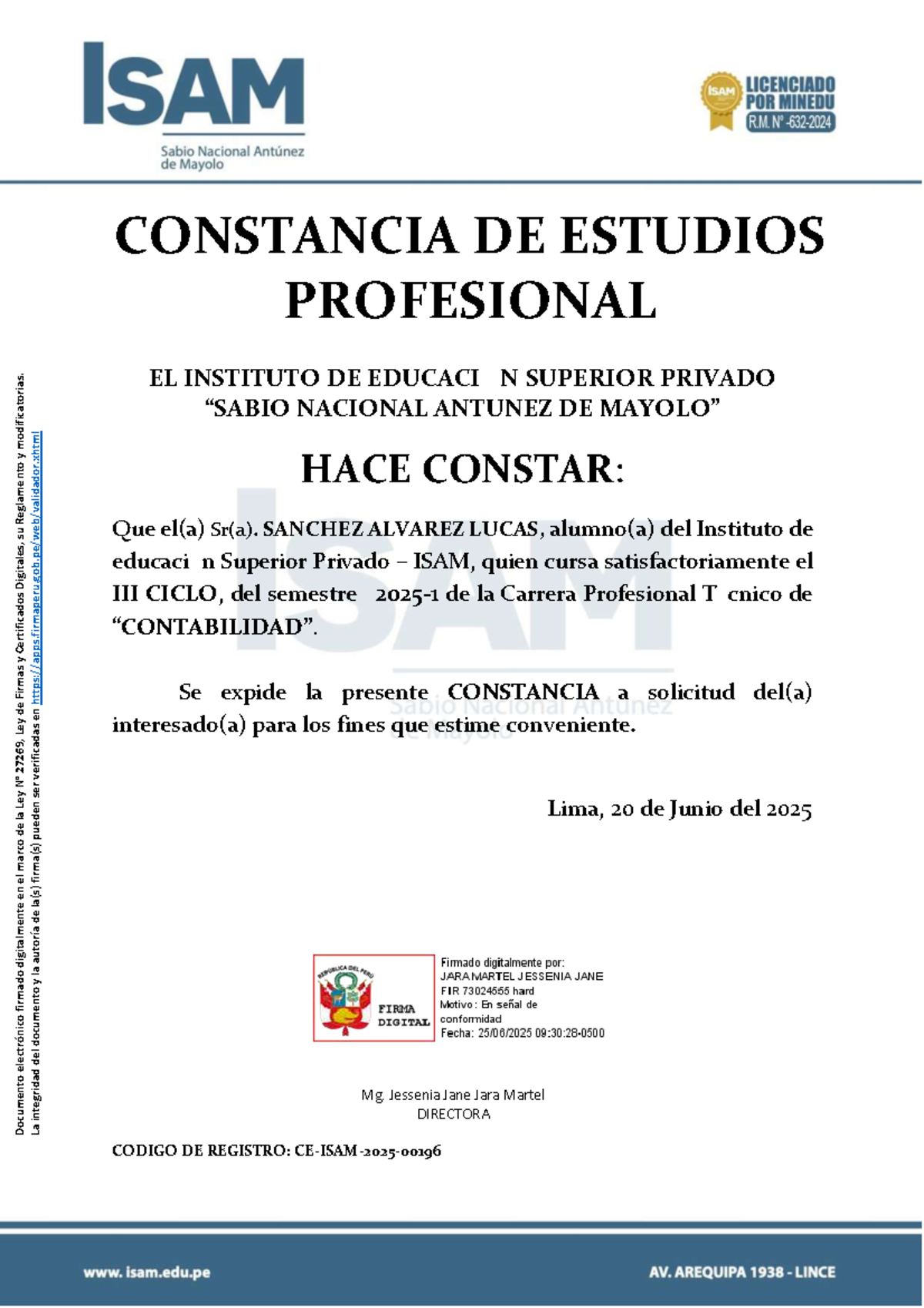 Constancia de Estudios - ISAM - Ciclo Semestre 2025 - Document Preview