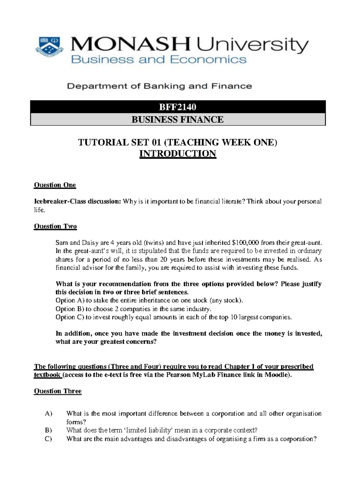 BFF2140 S1 2023 Business Finance Tutorial Set 01 Guide - Studocu