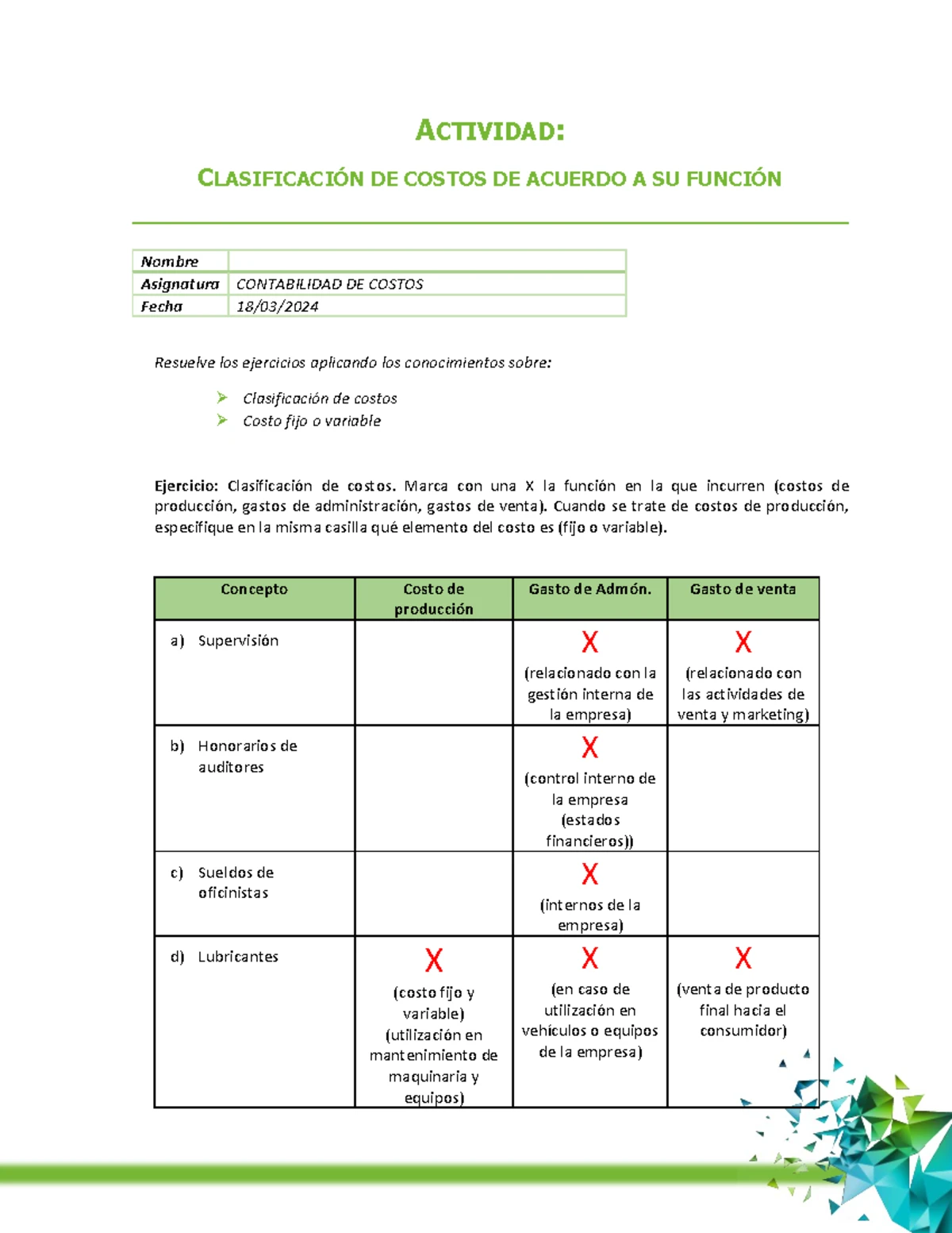 A2_Clasificación de Costos Según su Función en Contabilidad - Studocu