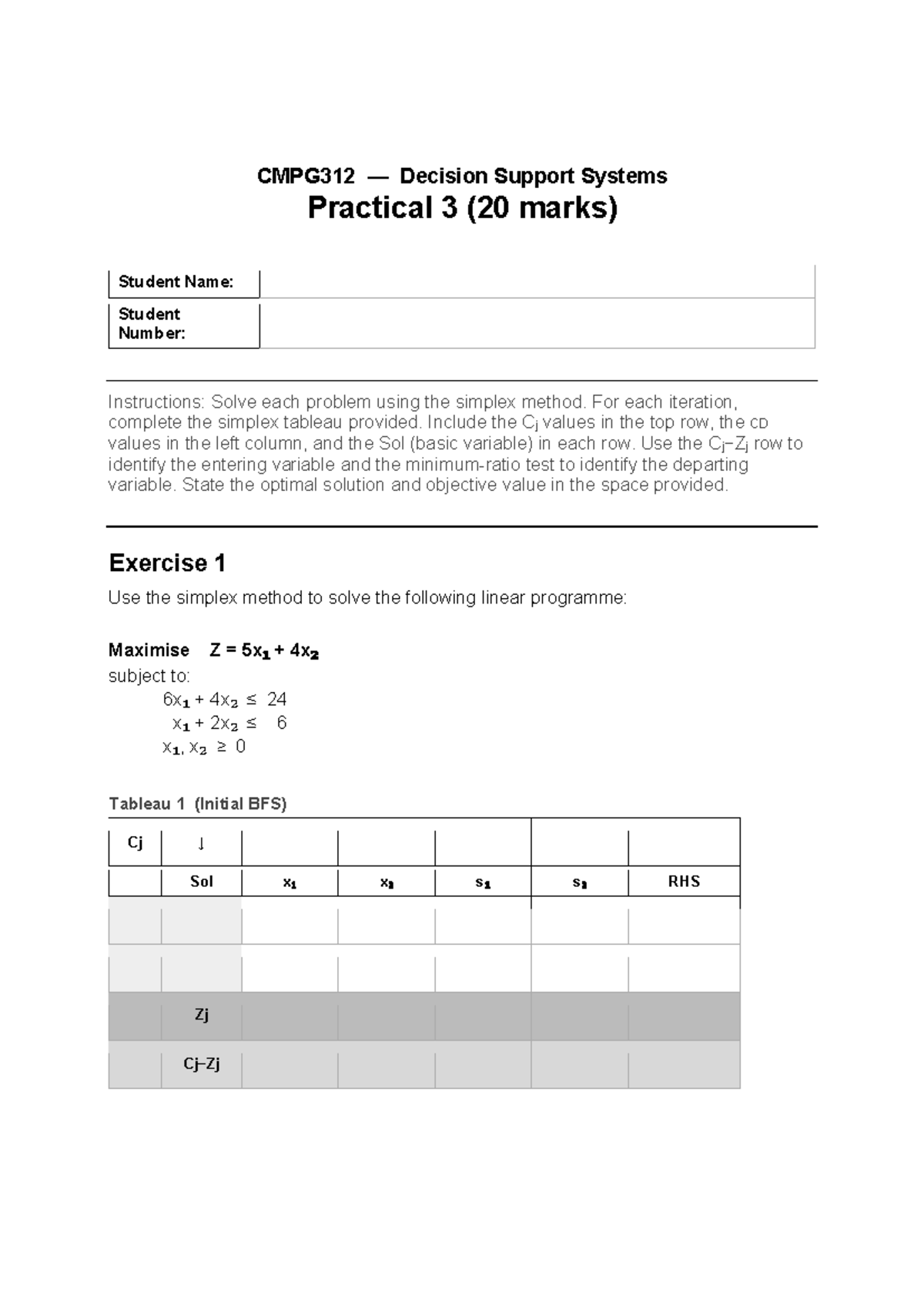 CMPG312 Decision Support Systems Practical 3: Simplex Method Exercises ...