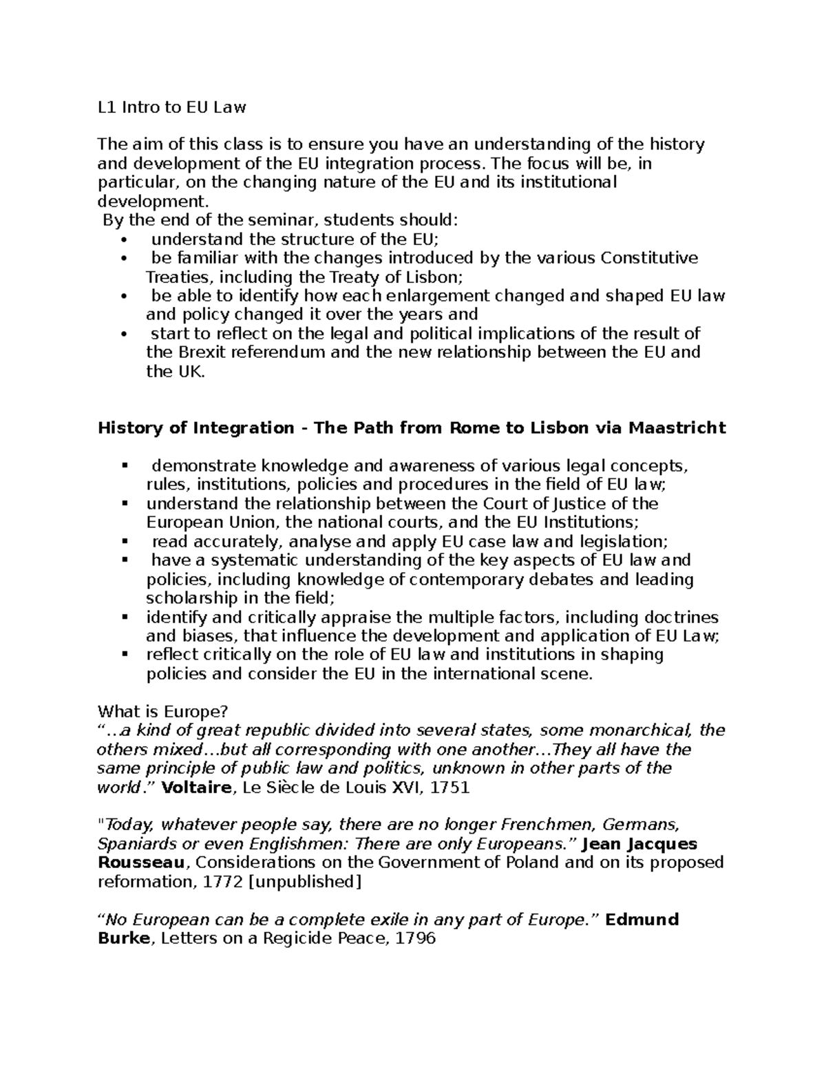 L1 Intro to EU Law - Lecture 1 Notes on EU Integration History - Studocu