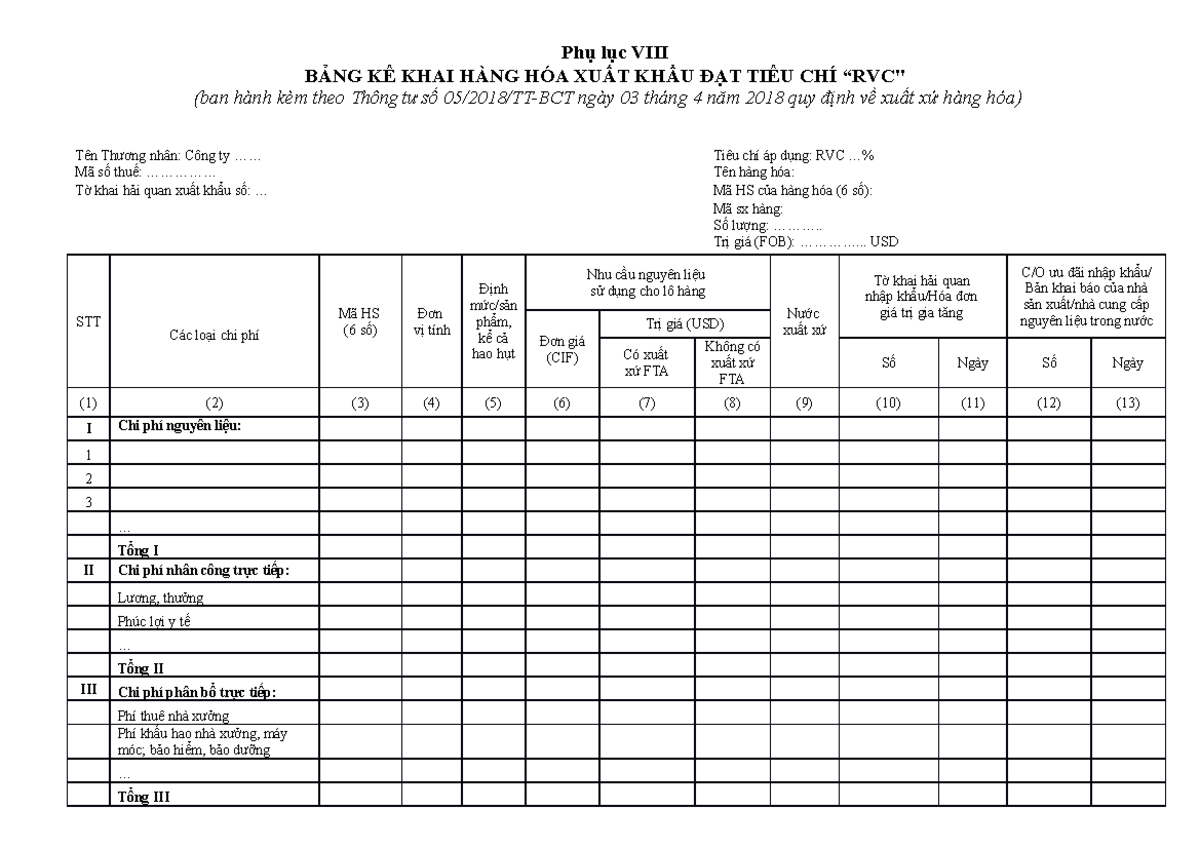 Bảng kê khai hàng hóa xuất khẩu đạt tiêu chí RVC 4812 - Studocu