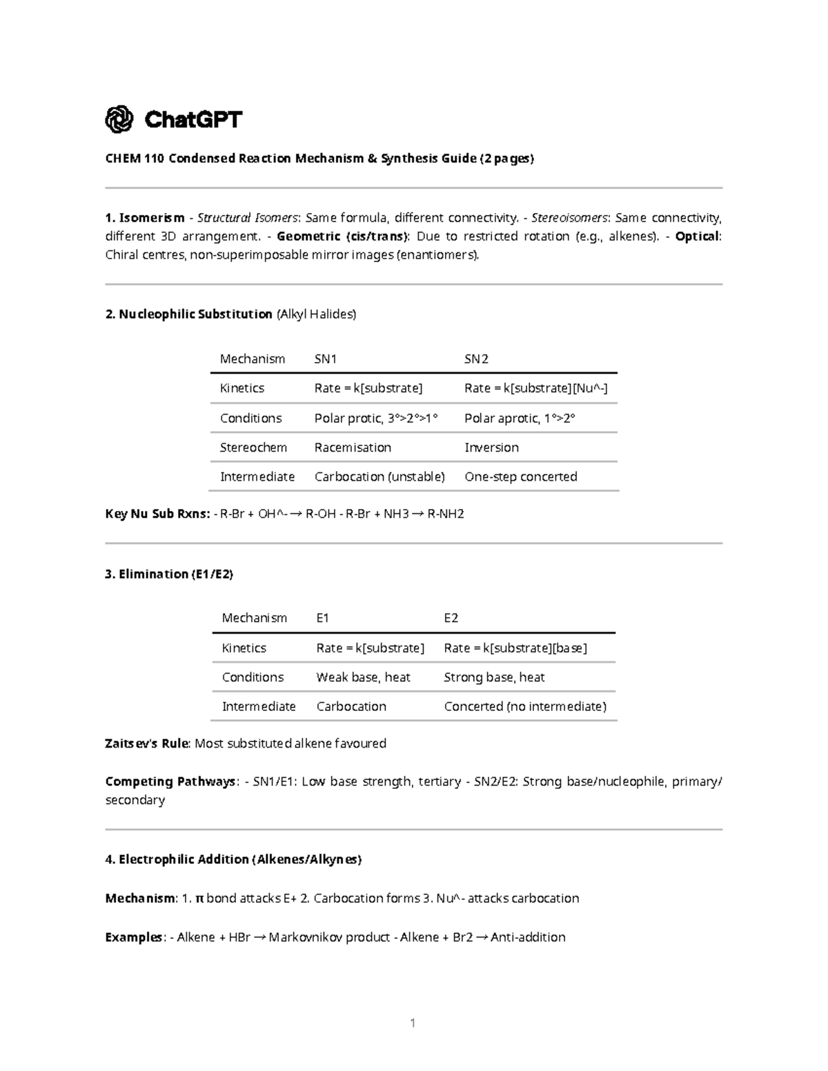 CHEM 110 Final Exam Reaction Mechanism Synthesis Guide - Studocu