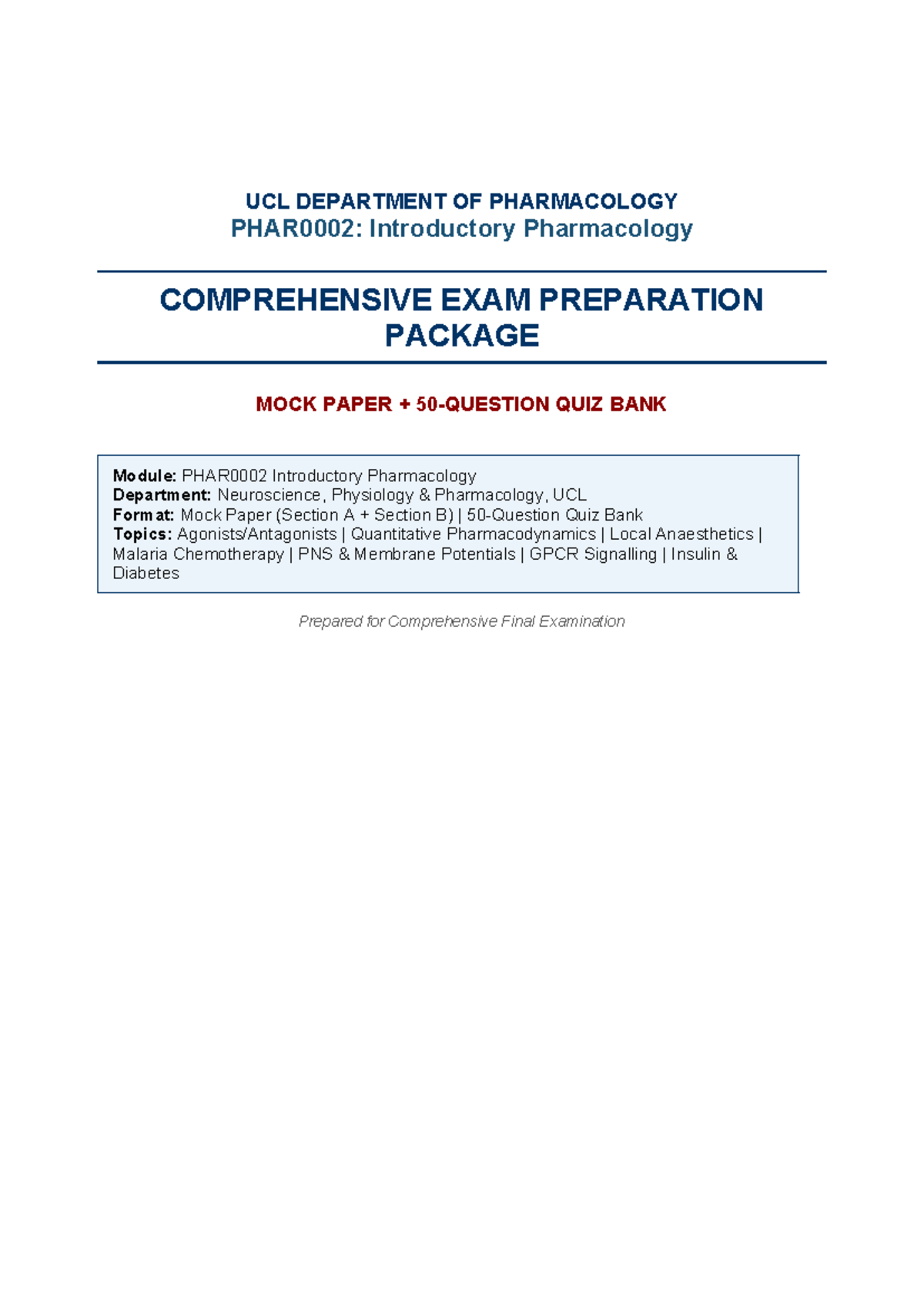 UCL PHAR0002 Comprehensive Exam Prep: Mock Paper & Quiz Bank - Studocu