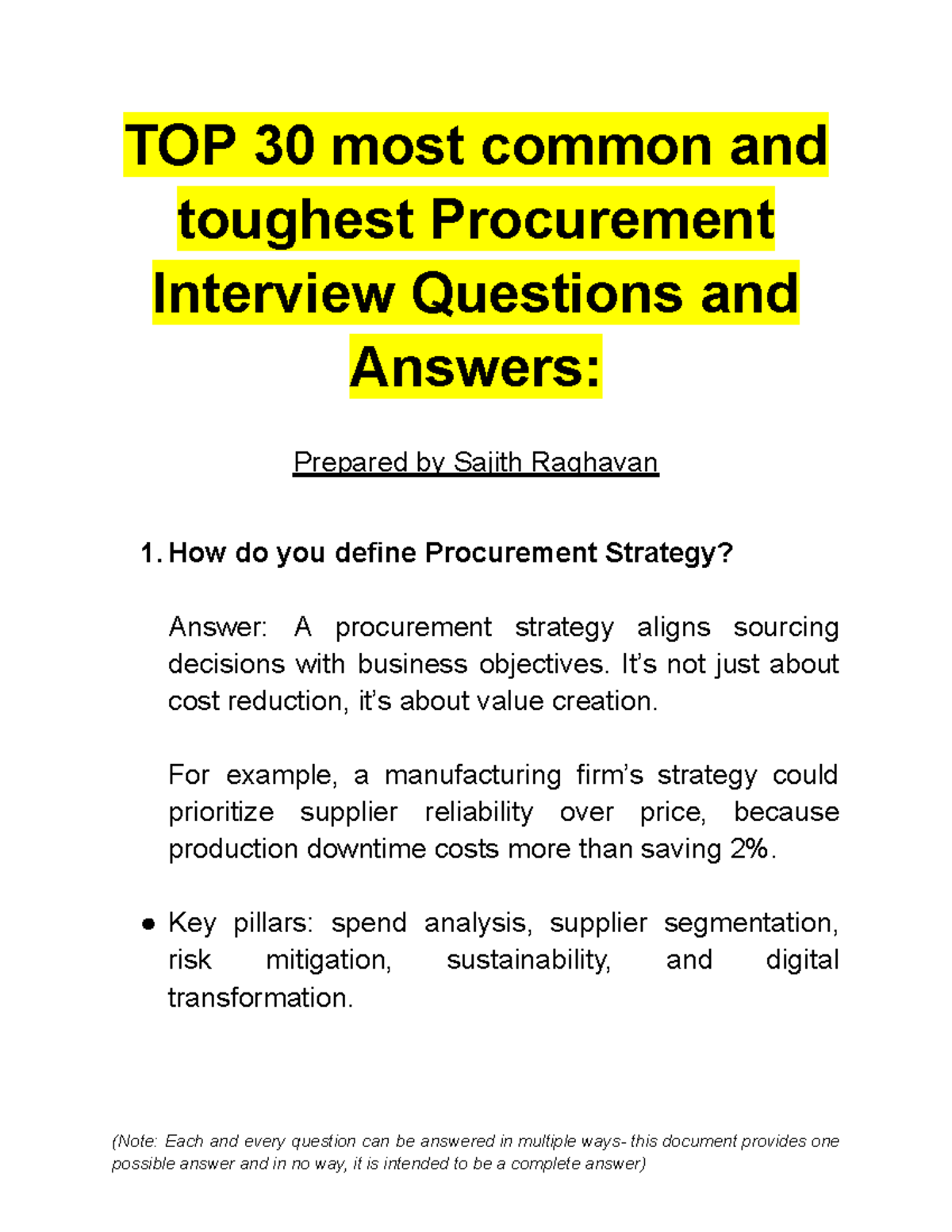 Top 30 Procurement Interview Q&A: Strategies & Insights - Studocu