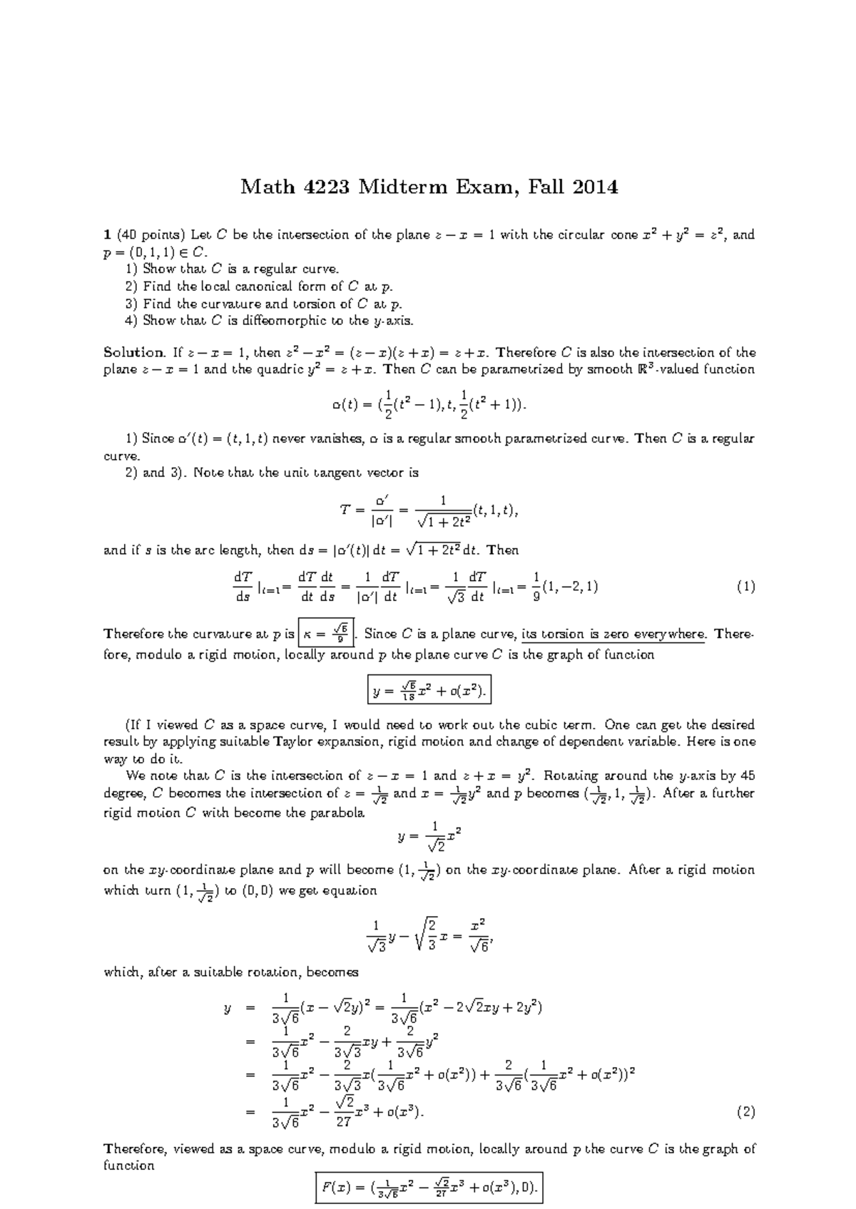 Math 4223 Midterm Exam Fall 2014 - Q&A Solutions and Analysis - Studocu